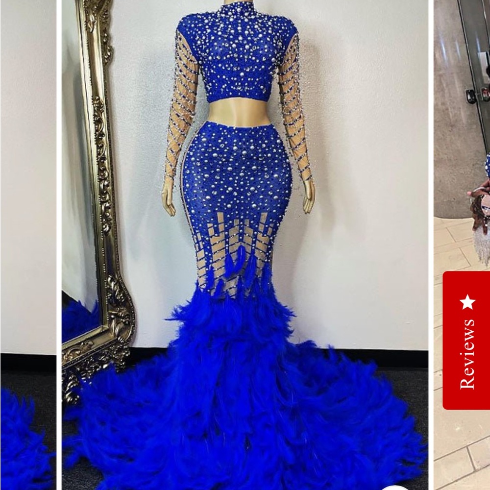 Custom Royal Blue Feather & Crystal 2-Piece Couture Set – Size L